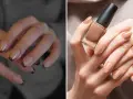 Dwie propozycje delikatnych paznokci na jesień: klasyczny french z bordową końcówką i beżowy manicure z błyszczącym lakierem.