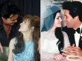 Kadr z filmu o Elvisie: Austin Butler jako młody Elvis i Priscilla Presley, obok ujęcie z ich ślubu.