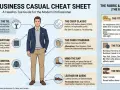 Guida al business casual: un uomo con giacca blu, maglione grigio e chino beige. Il fit ideale è il **regular fit**, che segue la forma del corpo senza stringere.