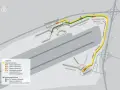 Schemat lotniska Frankfurt nad Menem z zaznaczonymi nowymi i istniejącymi trasami Sky Line train łączącymi terminale 1, 2 i 3.