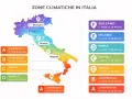 Mappa delle zone climatiche italiane con indicazione della trasmittanza cappotto termico massima consentita per ogni zona, da F (Bolzano) ad A (Lampedusa).