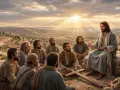 Jesus lehrt seine Jünger, die Landschaft von Psalm 26 im Hintergrund.