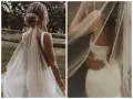 Elegancka panna młoda w sukni z głębokim dekoltem i welonem ozdobionym perłami. Delikatne perły na ślubie dodają jej blasku.