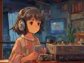 Une jeune fille avec des écouteurs profite d'une ambiance lo fi, tenant un livre et regardant un écran.
