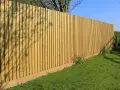 Nowy płot drewniany, zabezpieczony impregnacją, stoi na tle zielonej trawy i błękitnego nieba.