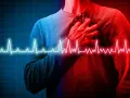 Mann mit Hand auf der Brust, EKG-Linie. Die Frage "Herzinfarkt wie lange bis zum Tod" wird visuell dargestellt.