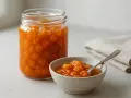 En burk och en skål med gyllene hjortronsylt. Perfekt för ditt hjortronsylt recept.
