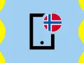 Ikona telefonu z flagą Norwegii na jasnoniebieskim tle z falistymi żółtymi bokami.