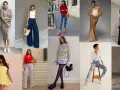 Collage di outfit semplici ma eleganti: abiti lunghi, pantaloni a palazzo, gonne midi e top chic.