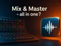 Ein Mischpult und ein Icon mit einer Schallwelle. Die Frage: Mix & Master – alles in einem?