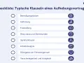Checkliste für Aufhebungsverträge: Beinhaltet Punkte wie Beendigungsdatum, Abfindung, Freistellung, Resturlaub und Überstunden.