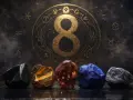 Pięć kryształów przed złotym znakiem nieskończoności i zodiaku. Numerologiczna 8 symbolizuje moc i równowagę.