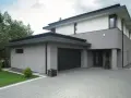 Nowoczesny dom z grafitową elewacją, dużym garażem i zadbanym ogrodem.