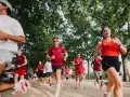Corredores entrenan para el maratón Madrid 2026 en un día soleado, bajo la sombra de árboles frondosos.