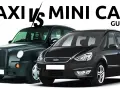 Ein schwarzer Londoner Taxi und ein schwarzer Minivan stehen nebeneinander. Der Text "TAXI VS MINI CAB GUIDE" ist darüber zu lesen.
