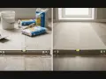 Materiały do wyrównania posadzki: worki z masą samopoziomującą, wiadro, kielnia i poziomica. Poziomica pokazuje idealnie równe, świeżo wylane podłoże.