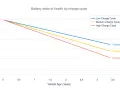 Graph shows car battery health decline over years. Low charge cycles mean a battery lasts longer, while high charge cycles shorten its life, impacting how long does it take for a car battery to die.