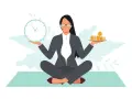 A woman in a suit meditates, balancing a clock in one hand and coins in the other. This illustrates what is self discipline: managing time and resources wisely.