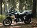 Zielony motocykl BMW F900GS z kuframi, gotowy na przygodę w lesie.