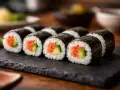 Roladki sushi z łososiem i awokado, zawinięte w nori. To właśnie nori, czyli jadalne wodorosty, nadają im charakterystyczny wygląd i smak.