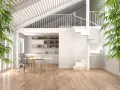 Interni moderni con cucina, zona pranzo e soppalco chiuso con letto visibile. Scale a chiocciola bianche per idee soppalco chiuso.