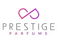 Logo luksusowe marki Prestige Parfums. Symbol nieskończoności w gradientach różu i fioletu nad napisem.