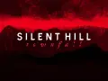 Napisy "SILENT HILL townfall" na tle czerwonych fal i mrocznych gór.