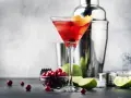 Elegancki cosmopolitan drink, gdzie zamiast żurawiny użyto świeżych owoców. Obok kieliszka stoją limonki i shaker.