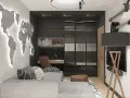 Męski pokój inspiracje: mapa świata na ścianie, gitary, wygodna sofa i biurko. Idealne miejsce dla podróżnika i muzyka.