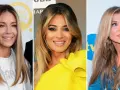 Trzy kobiety z długimi, **front blond** włosami: jedna w białej marynarce, druga w żółtej sukni, trzecia w dżinsowej kurtce.
