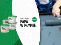 Pojemniki z dekoracyjną papą w płynie i wałek malujący dach. Dostępne kolory: ceglana, brązowa, biała, grafitowa.
