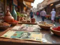Na stole leżą banknoty, które mogą być tunezyjską walutą, obok miseczek z przyprawami i ziarnami.