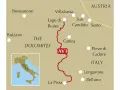 Mappa dell'Alta Via 1 Dolomiti, con il percorso rosso che attraversa laghi e città come Braies, Cortina e Belluno.
