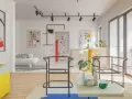 Nowoczesne wnętrze z meblami i grafikami w stylu bauhaus przykłady. Jasne kolory, geometryczne formy, minimalistyczne krzesła.