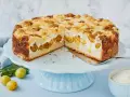 Saftiger Mirabellenkuchen mit Streuseln und cremiger Füllung auf einer hellblauen Tortenplatte.