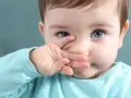 Małe dziecko z niebieskimi oczami zasłania nosek rączką. Wygląda jak niejadek, który nie chce jeść.