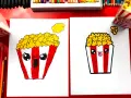 Deux adorables dessins de pop-corn, un avec une bouche ouverte et un autre tirant la langue, prêts à être colorés.