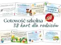 Zestaw 38 kart z prostymi zadaniami do wykonania dla dzieci, wspierającymi gotowość szkolną.