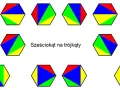 Sześciokąty podzielone na kolorowe trójkąty. Różne kombinacje brył geometrycznych.
