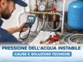 Idraulico controlla la pressione acqua bassa con strumento digitale. Impianto idraulico, manometro e schema tecnico sul tavolo.