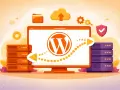 Illustration d'un ordinateur affichant le logo WordPress, avec des serveurs et une flèche symbolisant la migration. Idéal pour un plugin de migration WordPress.