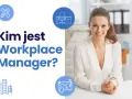 Uśmiechnięta kobieta przy biurku. Ikony symbolizują zarządzanie biurem, planowanie i budynki. Dowiedz się, jakie są office manager obowiązki.