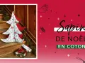 Un sapin de Noël en tissu, orné d'oiseaux et de baies, est présenté sur des marches en bois. Un patron DIY est suggéré.