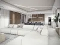 Nowoczesny salon z jadalnią, jasne meble, drewniane akcenty, rośliny.