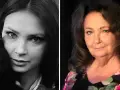 Anna Dymna w wieku 40 lat, z czarnym kotem na lewym zdjęciu, i ta sama aktorka, starsza, w kolorowym kwiecistym ubraniu, po prawej.