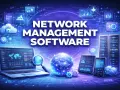 Network management system software visualized with servers, laptops, tablets, and a glowing globe.