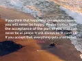 A serene beach scene with waves lapping the shore, featuring a quote about finding peace through acceptance, leading to being content.