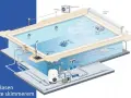 Schemat basenu w ziemi ze skimmerem, pokazujący filtr, pompę, robot czyszczący, lampy, prysznic i system ogrzewania.