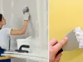 En person använder spackel och spackelspade för att jämna ut en vägg. Efter spackling kan sandpapper användas för en slät finish.