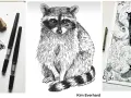 Trois dessins à l'encre : des brindilles et des pierres, un raton laveur détaillé, et une scène sous-marine fantaisiste avec des sirènes et des poissons.